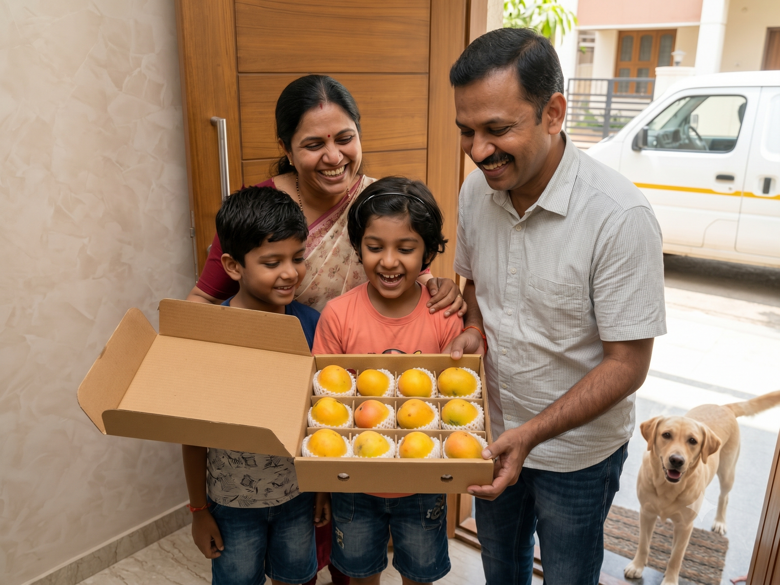 A happy Indian family receiving a box of naturally ripened Classy Grade Alphonso mangoes via online home delivery.