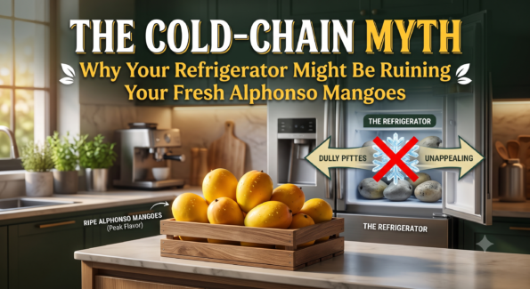 vibrant golden ripe Alphonso mangoes in a wooden crate on the countertop versus dull, pitted chilled mangoes inside an open refrigerator