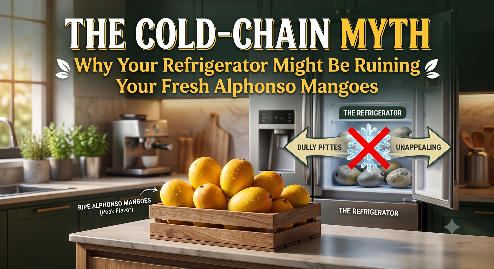 vibrant golden ripe Alphonso mangoes in a wooden crate on the countertop versus dull, pitted chilled mangoes inside an open refrigerator