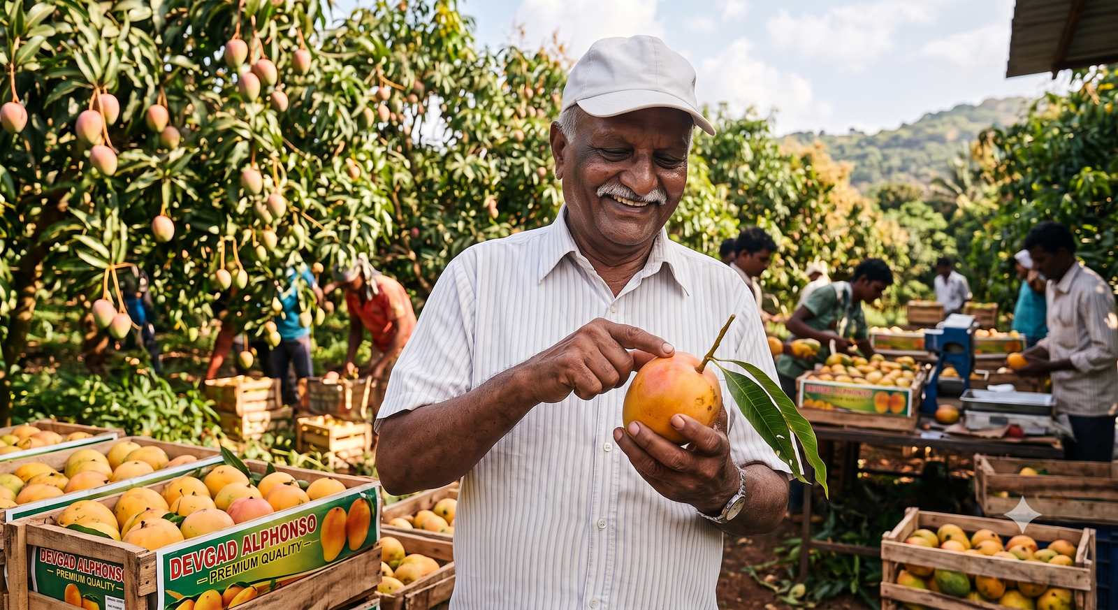 "Farmer performing traditional acoustic Tap Test on Devgad Alphonso mango before you order Alphonso mangoes online"