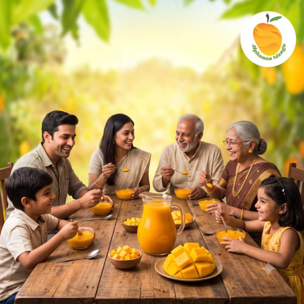 A clear glass jar filled with thick, rich golden Alphonso mango pulp, next to a spoon and fresh cut mango slices against a blurred orchard background.