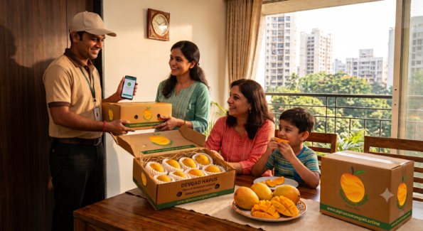 "Order Alphonso mango online doorstep delivery box with fresh Devgad Hapus"