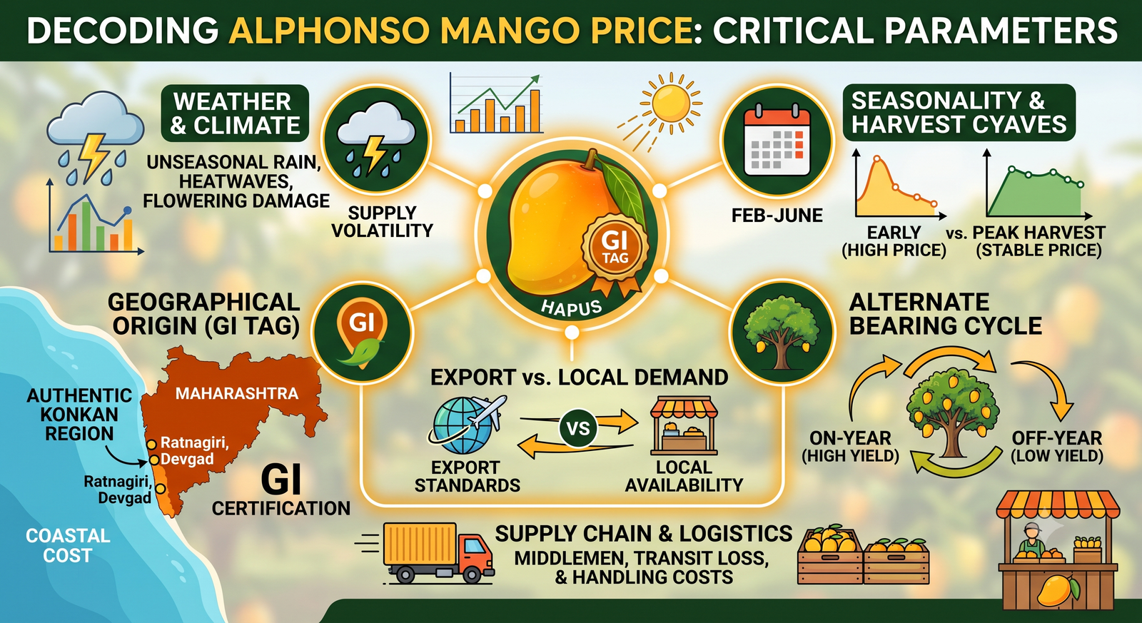 An infographic detailing the key parameters driving Alphonso mango prices in India
