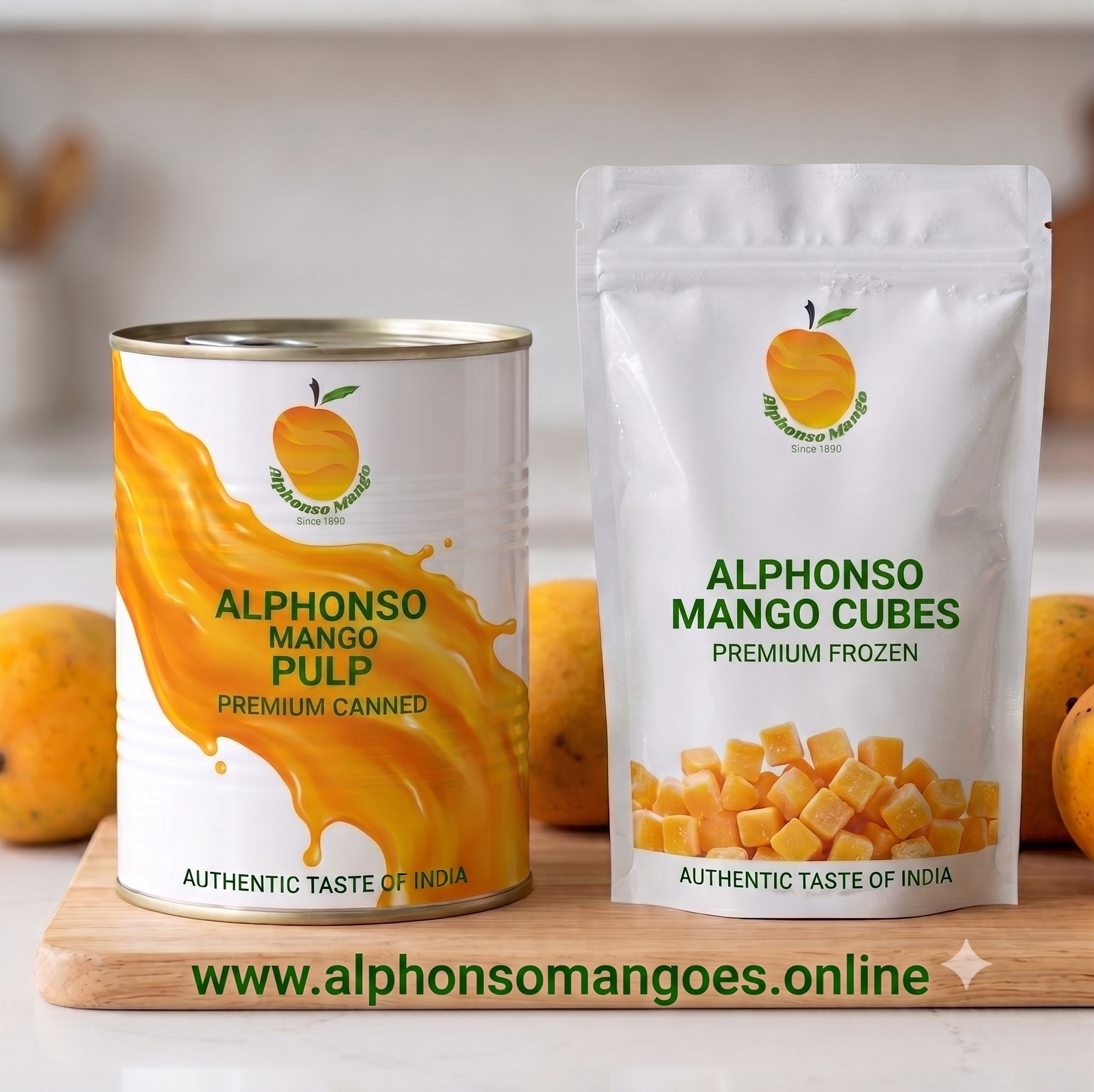 Premium canned tin and frozen pouch of Alphonso mango pulp